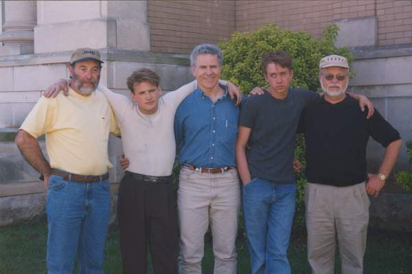 Homer on the set of October Sky. From left to right: Roy Lee Cook, Will Lee Scott, Homer Hickam, Chad Lindberg,  O'Dell Carroll. 