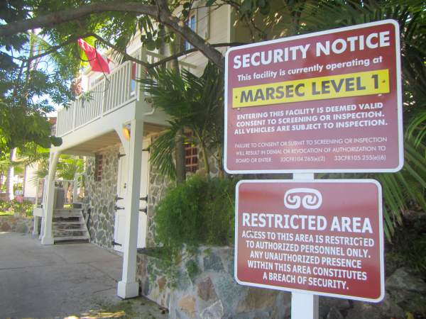 Marsec Level sign at Caneel Bay 