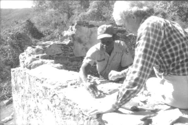 Reggie Callwood of the National Park Service and SJHS member Helen Gjessing work on the restoration effort at Annaberg in 1987. Photo credit: SJHS 