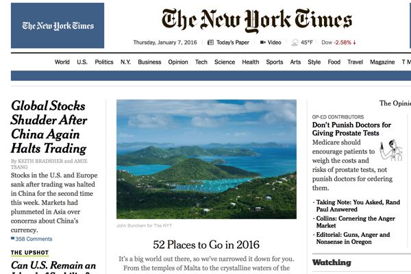 front page NYT website