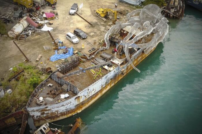 An aerial shot of B.V.I Art Reef under construction, with its massive Kraken sculpture already in place - Image credit: Owen Buggy for Bloomberg