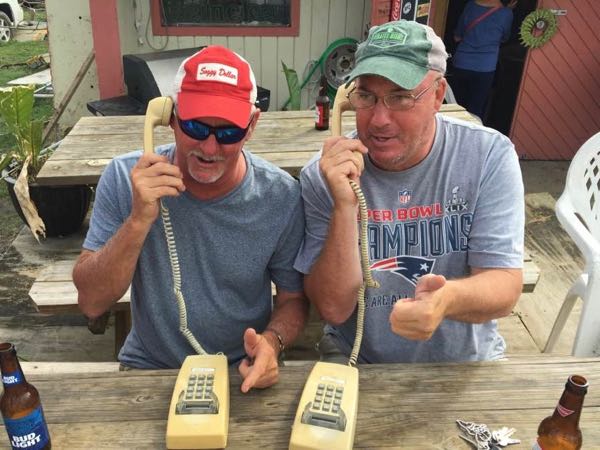 Bruce Twyon (right) and Jay Rushing (left) jokingly hold a "St. John Hurricane Relief Telethon" on Sept. 24, 2017 at Chester's ... It was really a flash mob of 75 at Chester's Fried Chicken for an impromptu BBQ. :) 