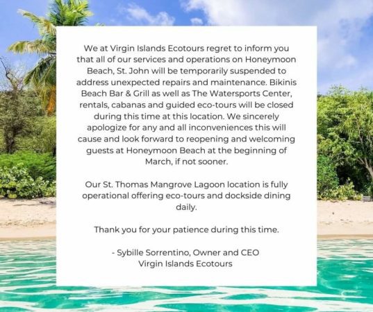 Notice: Services Closed at Honeymoon Beach 1