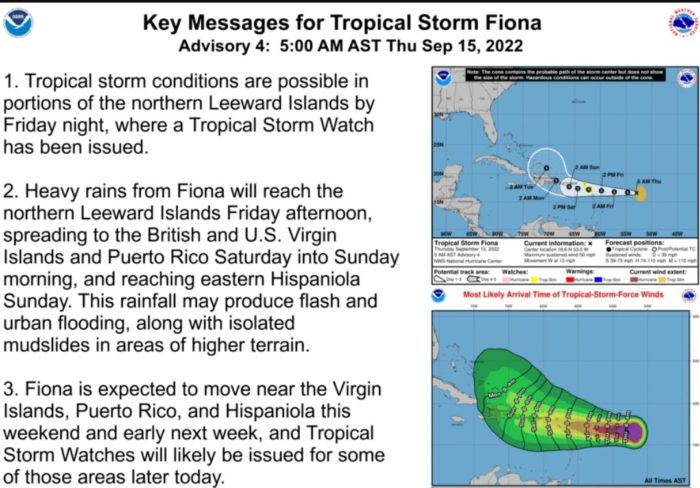 Travel Advisory:  Tropical Storm Fiona to Impact the Virgin Islands This Weekend